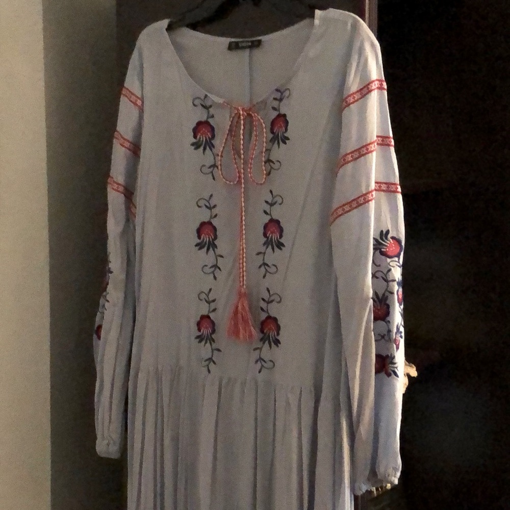 Light blue/ grey , embroidered, long dress, long sleeves